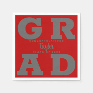 Bold GRAD Scarlet Red on Grey Graduation Napkin