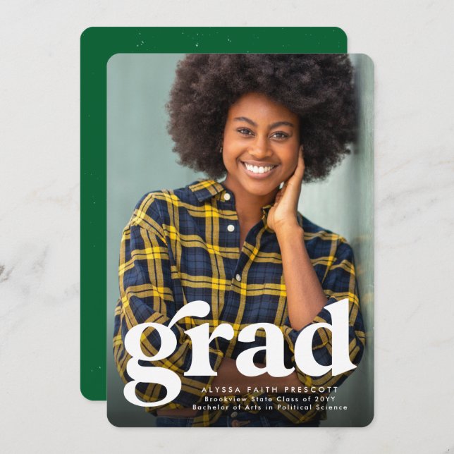 Bold grad simple green vertical photo graduation announcement (Front/Back)