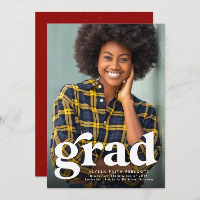Bold grad simple red vertical photo graduation announcement (Front/Back)