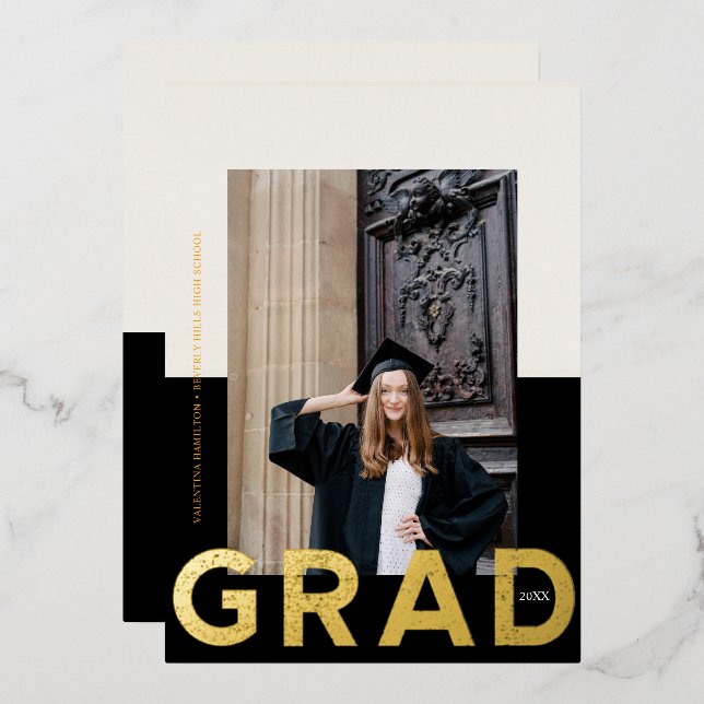 Bold Grad Two Tone Photo Graduation Foil Holiday Card (Front/Back)