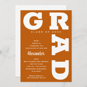 Bold GRAD White on Burnt Orange Graduation Announcement