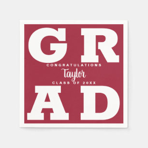 Bold GRAD White on Crimson Red Graduation Party Napkin