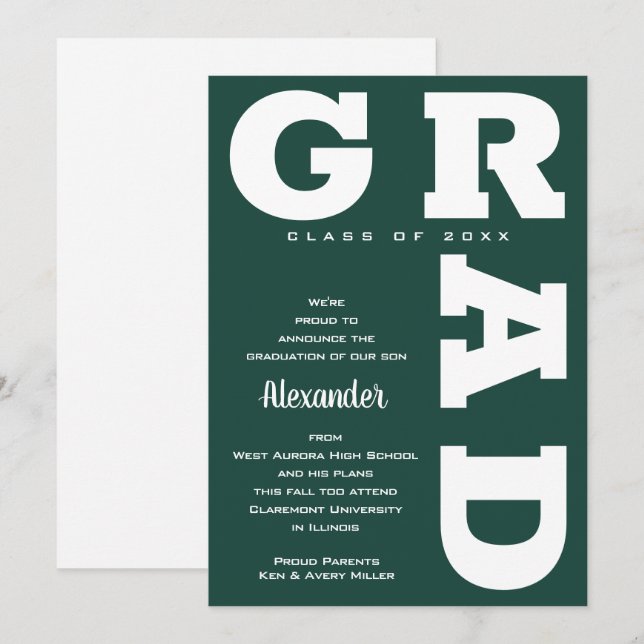 Bold GRAD White on Dark Green Graduation  Announcement (Front/Back)