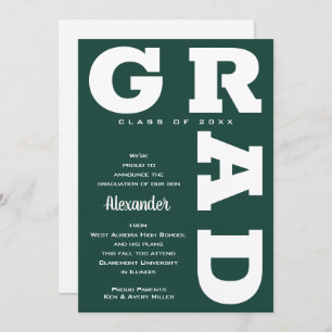 Bold GRAD White on Dark Green Graduation  Announcement
