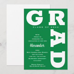Bold GRAD White on Green Graduation  Announcement