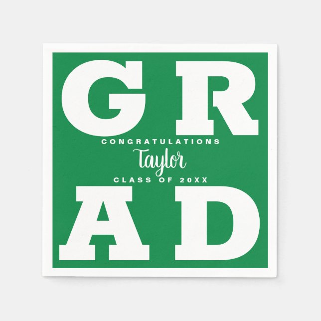 Bold GRAD | White on Green Graduation Napkins (Front)