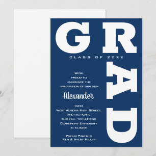 Bold GRAD White on Navy Blue Graduation  Announcement