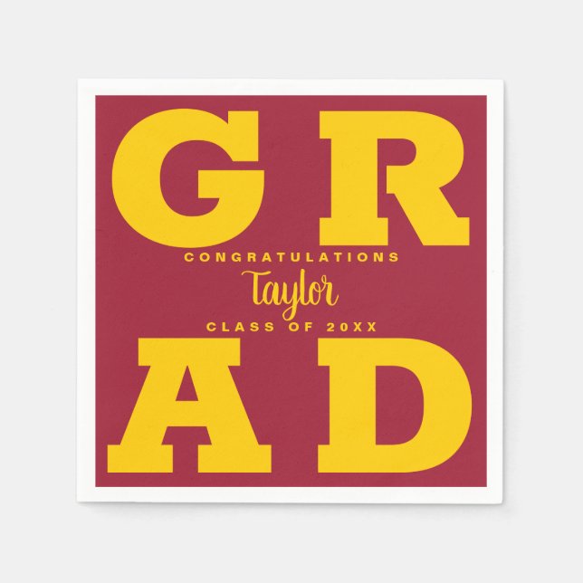 Bold GRAD | Yellow Gold on Crimson Red Graduation Napkin (Front)
