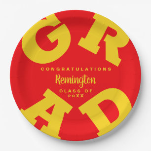 Bold GRAD Yellow on Red Graduation Paper Plates