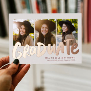 Bold graduate modern rose gold 3 photo graduation