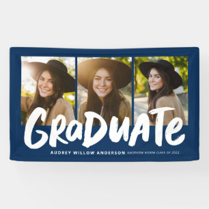 Bold graduate modern three photo navy graduation banner