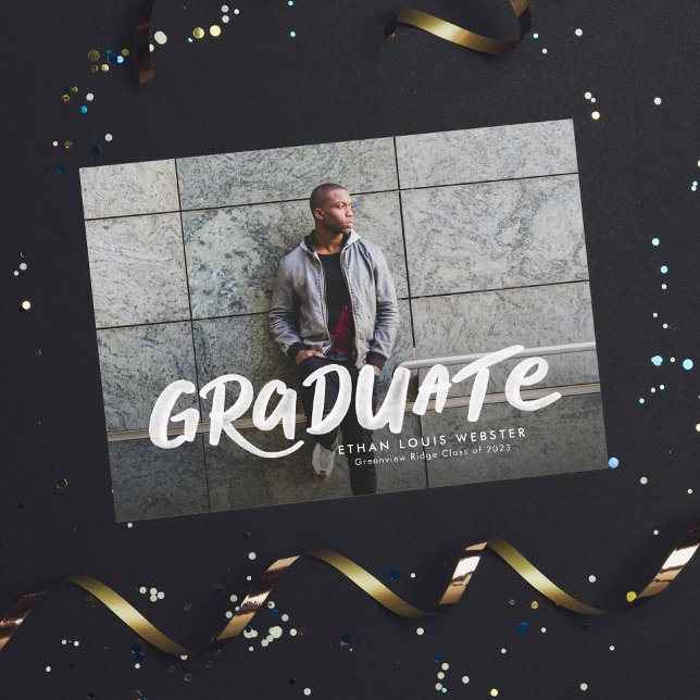 Bold graduate simple cool two photo graduation announcement (Creator Uploaded)