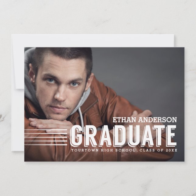 Bold Graduate | White Text Photo Graduation Party Invitation (Front)