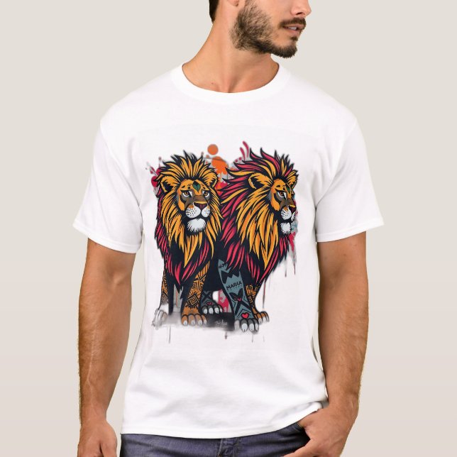 Bold Graffiti Lions with Tribal Patterns T-Shirt (Front)