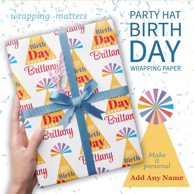 Bold Graphic Name Party Hat Birthday  Wrapping Paper (Creator Uploaded)