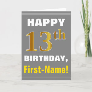 Bold, Gray, Faux Gold 13th Birthday w/ Name Card