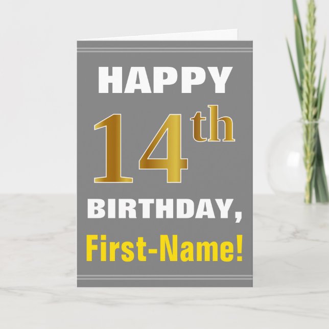Bold, Gray, Faux Gold 14th Birthday w/ Name Card (Front)