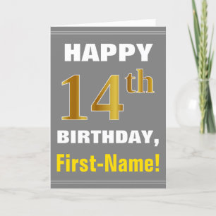 Bold, Gray, Faux Gold 14th Birthday w/ Name Card