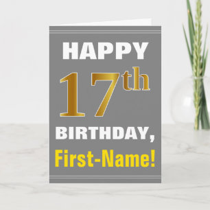 Bold, Gray, Faux Gold 17th Birthday w/ Name Card