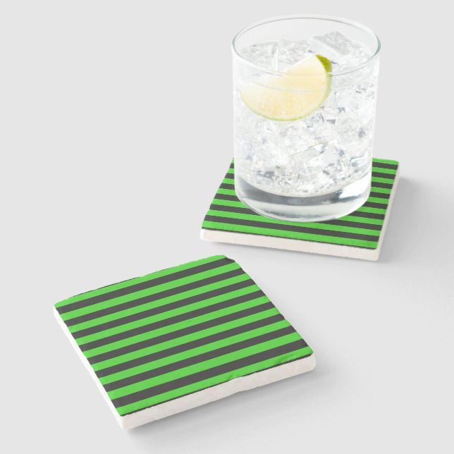 Bold Green and Black Stripes Pattern Stone Coaster (Side)