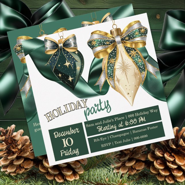 Bold Green and Gold Holiday Baubles with Ribbon Invitation (Bold Christmas baubles on your holiday party invite in pretty gold and green )