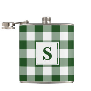 Bold Green and White Plaid Pattern with Monogram Hip Flask