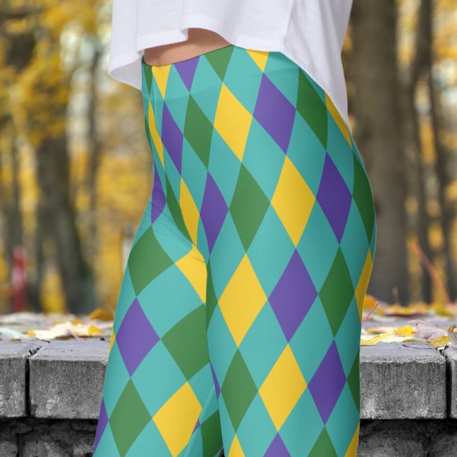 Bold Green and Yellow Harlequin Check Pattern Leggings (Harlequin and Verdigris )