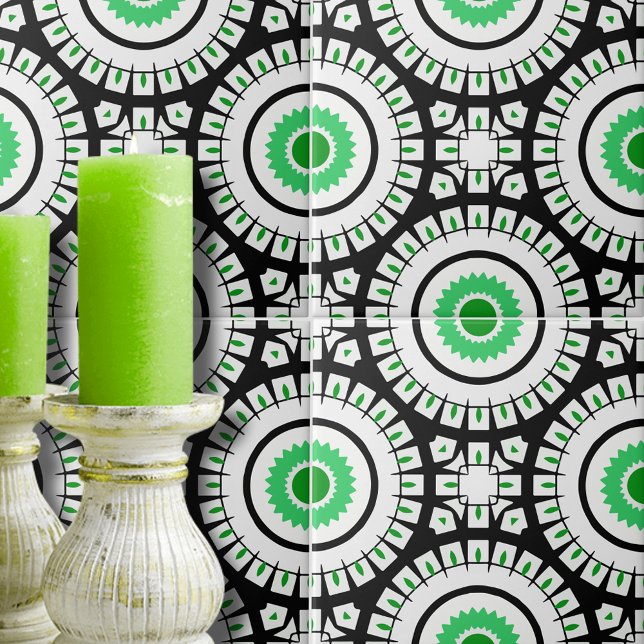 Bold Green Black and White Geometric Pattern Ceramic Tile (Creator Uploaded)