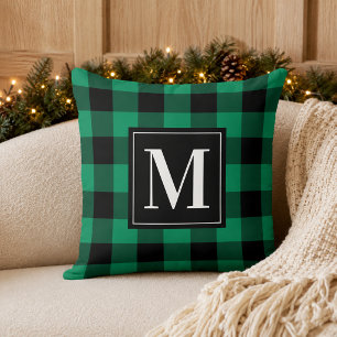 Bold Green Black Buffalo Plaid Monogram Christmas Cushion