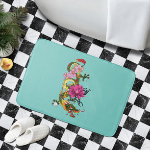 Bold Green Chinese Dragon Lotus Teal Tattoo Bath Mat