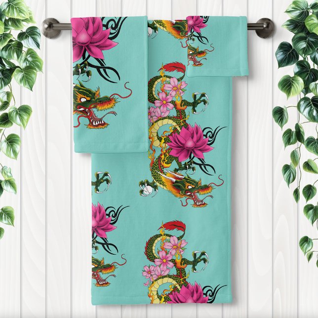 Bold Green Chinese Dragon Lotus Teal Tattoo Bath Towel Set (Creator Uploaded)