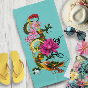 Bold Green Chinese Dragon Lotus Teal Tattoo Beach Towel