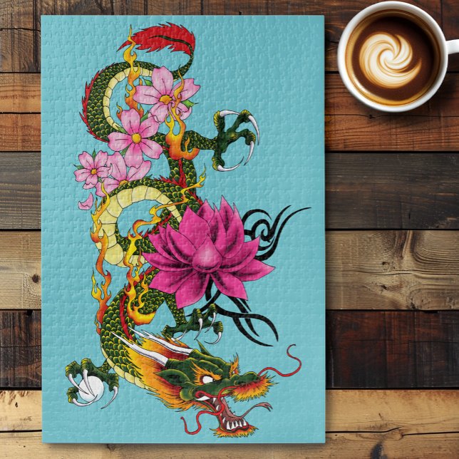 Bold Green Chinese Dragon Lotus Teal Tattoo Jigsaw Puzzle (Creator Uploaded)