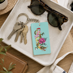 Bold Green Chinese Dragon Lotus Teal Tattoo Key Ring