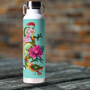 Bold Green Chinese Dragon Lotus Teal Tattoo Water Bottle