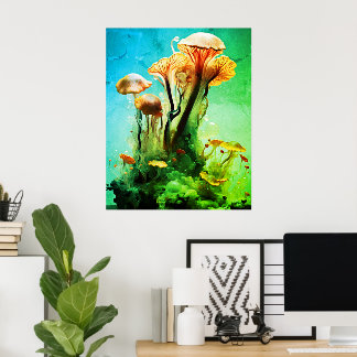 Bold Green Coloured Translucent Mushrooms On a Wal Poster