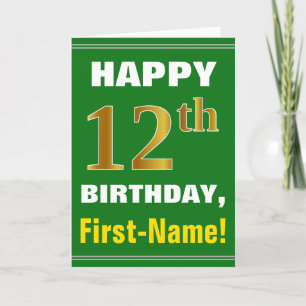 Bold, Green, Faux Gold 12th Birthday w/ Name Card