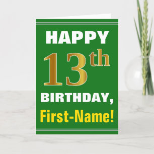 Bold, Green, Faux Gold 13th Birthday w/ Name Card