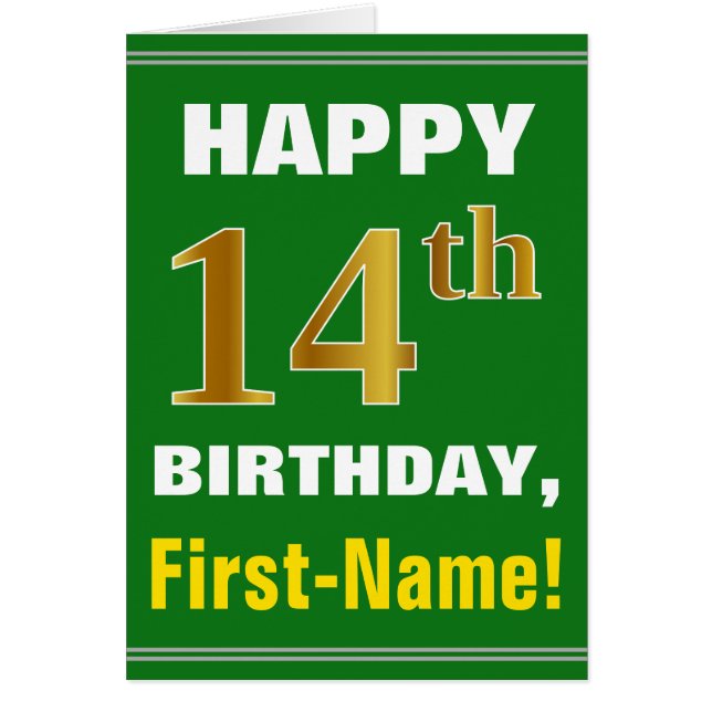 Bold, Green, Faux Gold 14th Birthday w/ Name Card (Front)