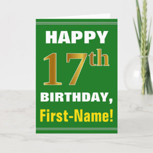 Bold, Green, Faux Gold 17th Birthday w/ Name Card