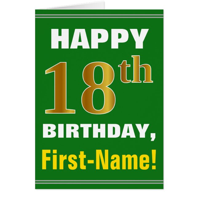 Bold, Green, Faux Gold 18th Birthday w/ Name Card (Front)