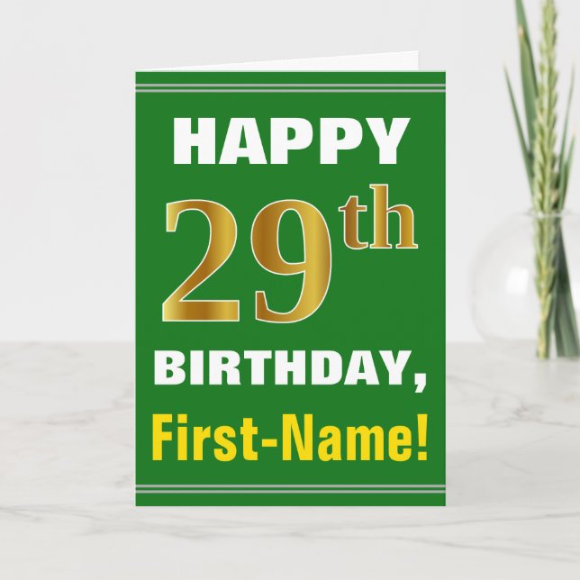 Bold, Green, Faux Gold 29th Birthday w/ Name Card (Front)
