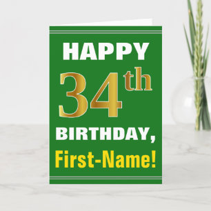 Bold, Green, Faux Gold 34th Birthday w/ Name Card