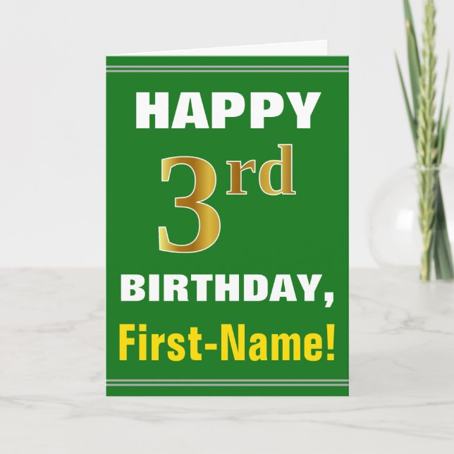 Bold, Green, Faux Gold 3rd Birthday w/ Name Card (Front)