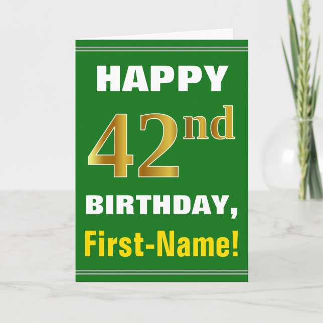 Bold, Green, Faux Gold 42nd Birthday w/ Name Card (Front)
