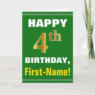 Bold, Green, Faux Gold 4th Birthday w/ Name Card