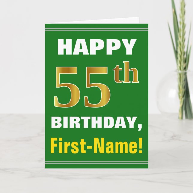 Bold, Green, Faux Gold 55th Birthday w/ Name Card (Front)