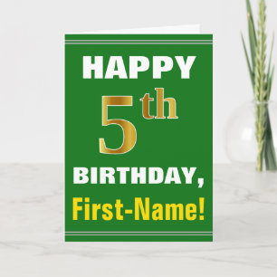 Bold, Green, Faux Gold 5th Birthday w/ Name Card