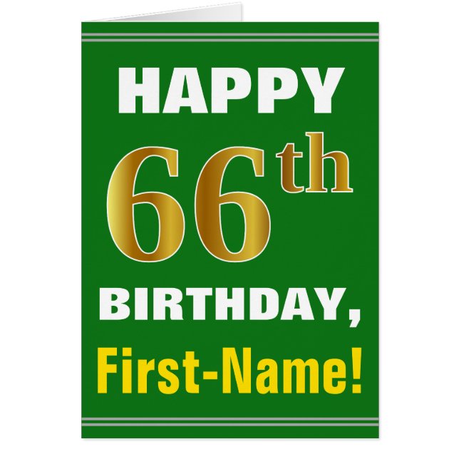 Bold, Green, Faux Gold 66th Birthday w/ Name Card (Front)