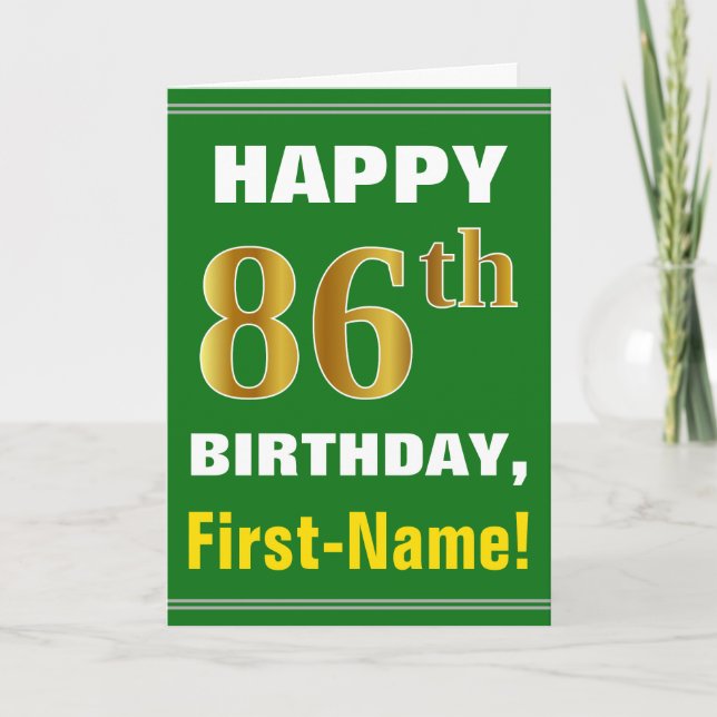 Bold, Green, Faux Gold 86th Birthday w/ Name Card (Front)